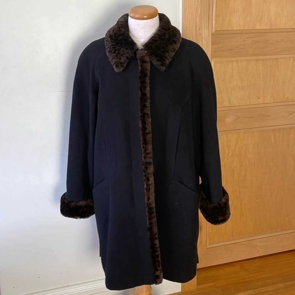 Vintage Lindor Petite Black Wool Coat With Faux Leopard Fur Trim, Size 16